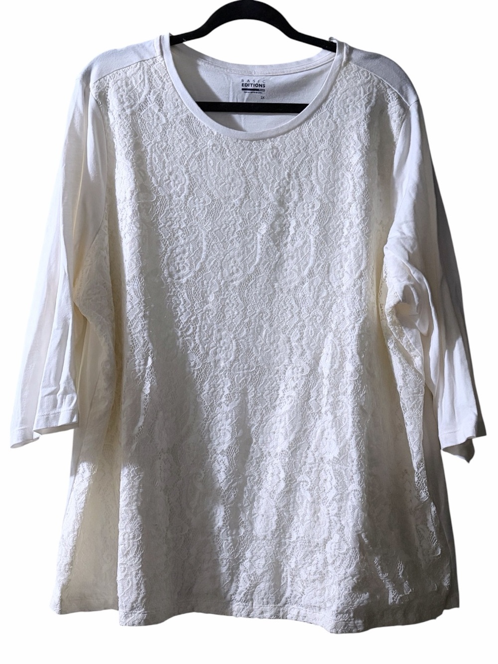 Basic Editions Plus Size White Knit Top Lace Front Detail GUC